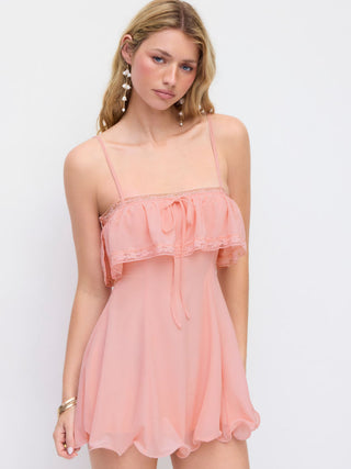 Chiffon Lace Trim Tie Front  Ruffle Hem Mini Dress