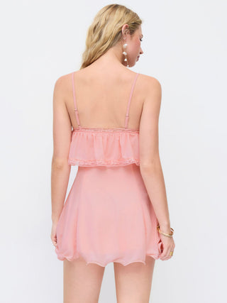 Chiffon Lace Trim Tie Front  Ruffle Hem Mini Dress