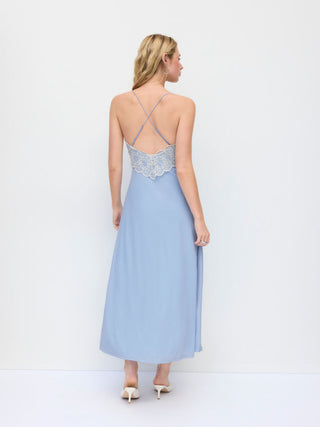Chiffon Sweetheart Neck Lace Trim Criss Cross Cami Maxi Dress
