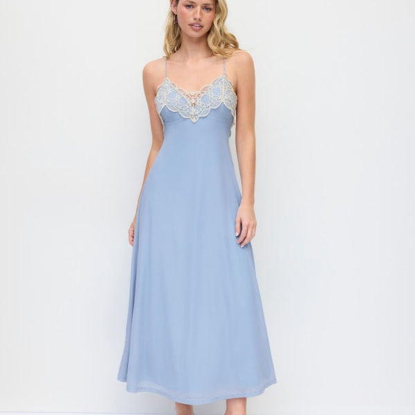 Chiffon Sweetheart Neck Lace Trim Criss Cross Cami Maxi Dress
