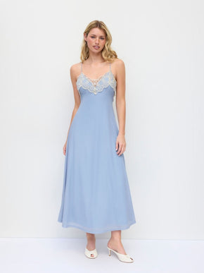 Chiffon Sweetheart Neck Lace Trim Criss Cross Cami Maxi Dress