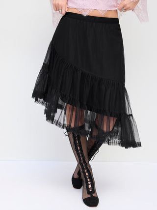 Chiffon Mid Rise Asymmetrical Ruffle Midi Skirt