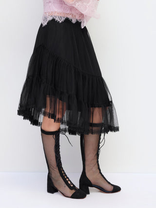 Chiffon Mid Rise Asymmetrical Ruffle Midi Skirt