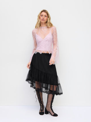 Chiffon Mid Rise Asymmetrical Ruffle Midi Skirt