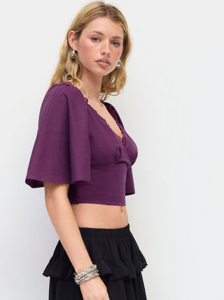 Linen-blend V-neck Lace Trim Cloak Sleeve Crop Blouse