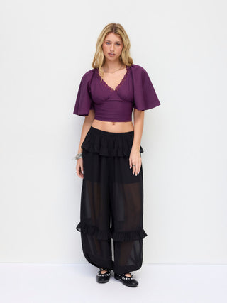 Linen-blend V-neck Lace Trim Cloak Sleeve Crop Blouse