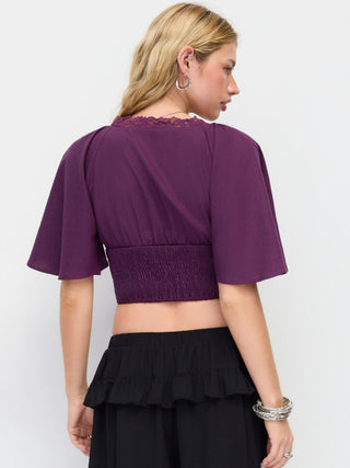 Linen-blend V-neck Lace Trim Cloak Sleeve Crop Blouse