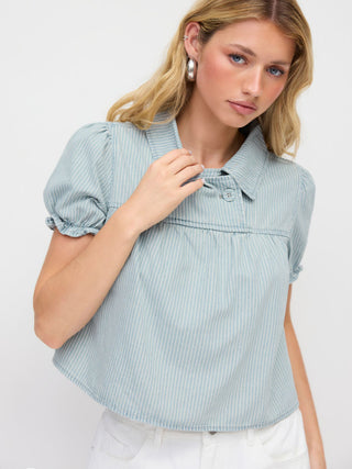 Denim Striped Washed Short Puff Sleeve Drawstring Oversized Blouse