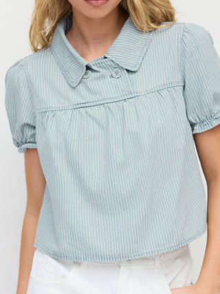Denim Striped Washed Short Puff Sleeve Drawstring Oversized Blouse