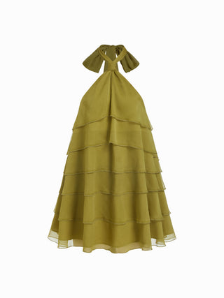 Chiffon Halter Neckline Asymmetrical Ruffle Babydoll Mini Dress