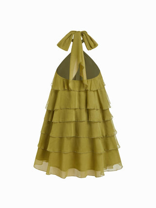 Chiffon Halter Neckline Asymmetrical Ruffle Babydoll Mini Dress