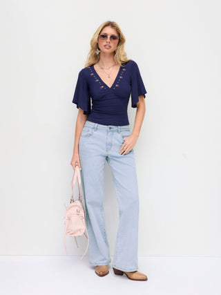 Stretch Denim Low Rise Floral Embroidery Metal Detail Straight Leg Jeans