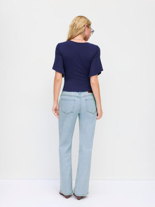 Stretch Denim Low Rise Floral Embroidery Metal Detail Straight Leg Jeans
