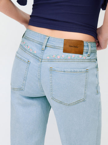 Stretch Denim Low Rise Floral Embroidery Metal Detail Straight Leg Jeans