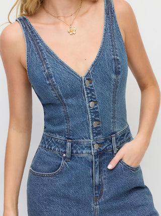 Stretch Denim Mid Rise Scoop Neckline Metal Detail Wide Leg Jumpsuit