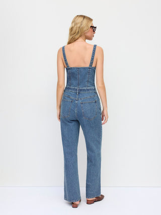 Stretch Denim Mid Rise Scoop Neckline Metal Detail Wide Leg Jumpsuit