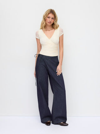 Denim Low Rise Washed Wrap Wide Leg Jeans With Belt