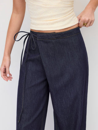 Denim Low Rise Washed Wrap Wide Leg Jeans With Belt