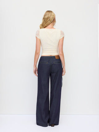 Denim Low Rise Washed Wrap Wide Leg Jeans With Belt