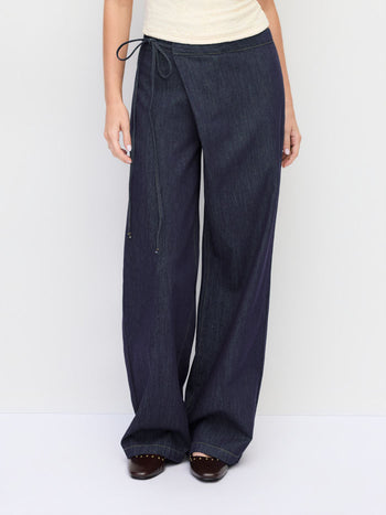 Denim Low Rise Washed Wrap Wide Leg Jeans With Belt