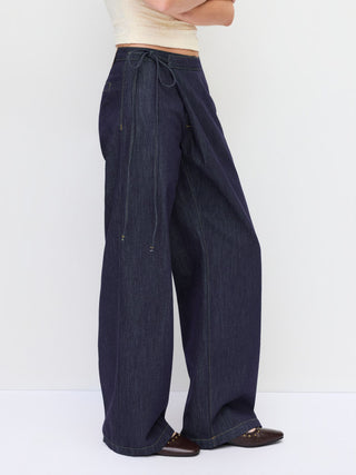 Denim Low Rise Washed Wrap Wide Leg Jeans With Belt