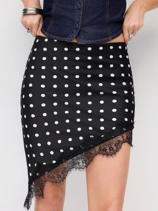 Satin Low Rise Polka Dot Lace Trim Asymmetrical Hem Mini Skirt