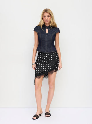 Satin Low Rise Polka Dot Lace Trim Asymmetrical Hem Mini Skirt