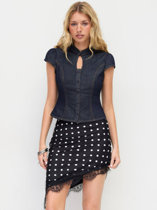 Satin Low Rise Polka Dot Lace Trim Asymmetrical Hem Mini Skirt