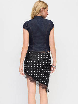 Satin Low Rise Polka Dot Lace Trim Asymmetrical Hem Mini Skirt