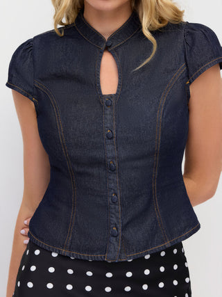 Washed Denim Stand Collar Puff Sleeve Ruched Cut Out Blouse