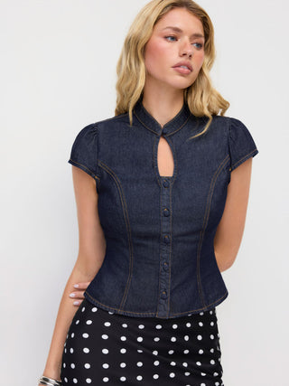 Washed Denim Stand Collar Puff Sleeve Ruched Cut Out Blouse