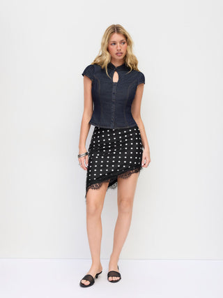 Washed Denim Stand Collar Puff Sleeve Ruched Cut Out Blouse