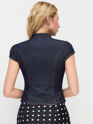 Washed Denim Stand Collar Puff Sleeve Ruched Cut Out Blouse