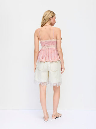 Denim Mid Rise Lace Trim Metal Detail Shorts