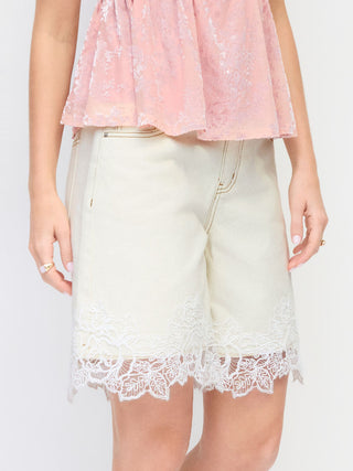Denim Mid Rise Lace Trim Metal Detail Shorts