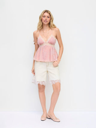 Denim Mid Rise Lace Trim Metal Detail Shorts