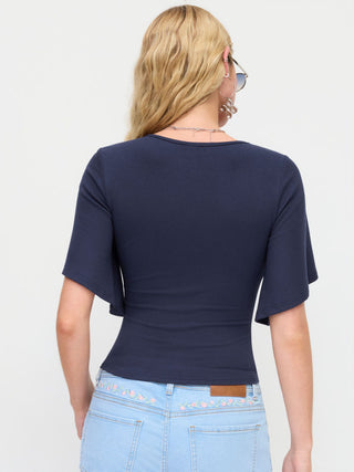 Floral Graphic V-Neck Bell Sleeve Ruched Top
