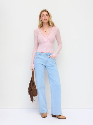 Knit Wool-blend  V-neck Lace trim Cardigan