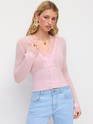 Knit Wool-blend  V-neck Lace trim Cardigan