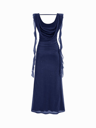 Cowl Neck Solid Ruffle Hem Ruched Maxi Dress