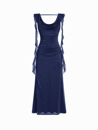 Cowl Neck Solid Ruffle Hem Ruched Maxi Dress