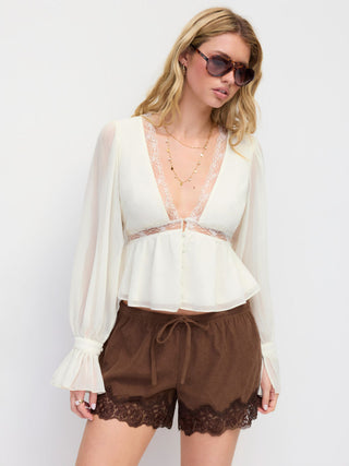 Chiffon V-neck Bell Sleeve Lace Trim Ruffle Hem Blouse