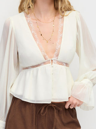 Chiffon V-neck Bell Sleeve Lace Trim Ruffle Hem Blouse