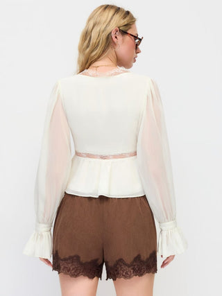 Chiffon V-neck Bell Sleeve Lace Trim Ruffle Hem Blouse