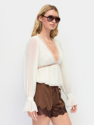 Chiffon V-neck Bell Sleeve Lace Trim Ruffle Hem Blouse