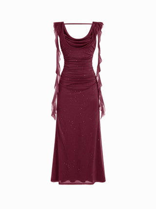 Cowl Neck Solid Ruffle Hem Ruched Maxi Dress