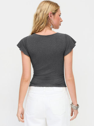 V-neck Contrast Lace Trim Ruched Short Sleeve Top