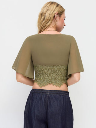 Chiffon V-neck Middle Bell Sleeve Guipure Lace Blouse