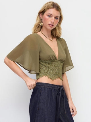 Chiffon V-neck Middle Bell Sleeve Guipure Lace Blouse