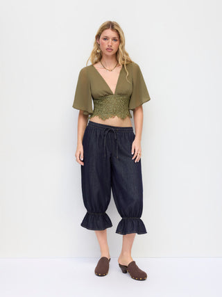 Chiffon V-neck Middle Bell Sleeve Guipure Lace Blouse